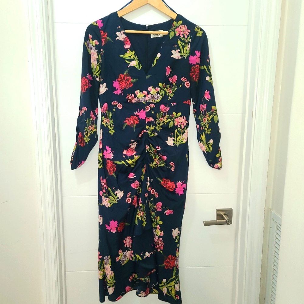 Eliza J Navy Floral Ruched Midi Dress with Pink & Green Bloom